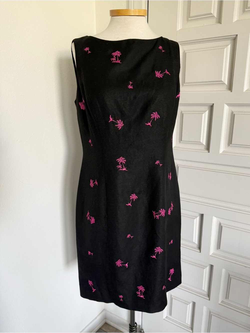 Annie Alexander Vintage Black Shift Dress Pink Embroidered Palm Trees Linen Sz 8